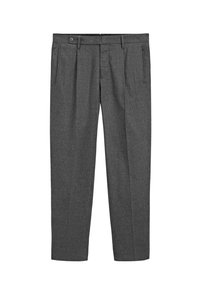 Pantaloni grigi su misura in tessuto texturizzato, con vita plissettata, tasche laterali e chiusura con bottone. Design a gamba dritta, adatti per abbigliamento formale.
