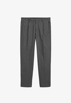 Pantalon gris ajusté en tissu texturé, avec un devant plissé, des poches latérales et une fermeture à bouton. Design à jambes droites, convient pour des tenues formelles.