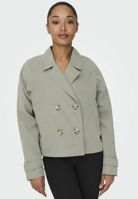 Chaqueta gris claro de doble botonadura con botones de gran tamaño, solapas anchas y bolsillos laterales. Presenta un corte crop y una textura suave.