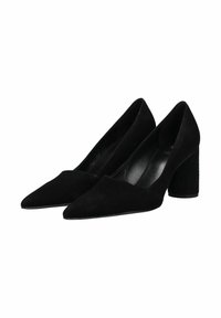 Scarpe con tacco alto in suede nero, con punta affusolata e tacco robusto. Il design presenta una texture liscia e uno stile minimalista.