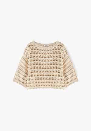 Beige gehaakte top met korte mouwen en een losse breipatroon, met een ronde halslijn, ontworpen voor een ontspannen pasvorm.