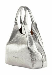 Borsa a tracolla in pelle argentata con una finitura testurizzata, caratterizzata da due manici e una forma strutturata. Il logo è visibile sulla parte anteriore.