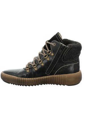 Bottines en cuir noir avec doublure en fourrure grise, lacets beiges, fermeture éclair sur le côté et semelle en caoutchouc texturé. Présente des détails de couture contrastés.