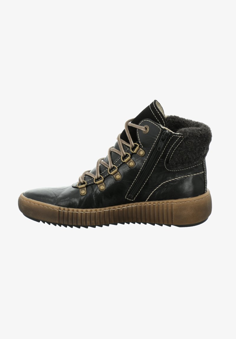 Bottines en cuir noir avec doublure en fourrure grise, lacets beiges, fermeture éclair sur le côté et semelle en caoutchouc texturé. Présente des détails de couture contrastés.