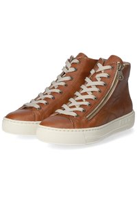 Brown leather high-top sneakers with cream laces, side zipper, and textured accents; white rubber sole with horizontal ridges.