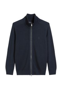 Navy Zip-Neck-Strickjacke aus strukturiertem Stoff mit hohem Kragen und gerippten Bündchen. Sie hat ein dezentes Logo auf der Brust.