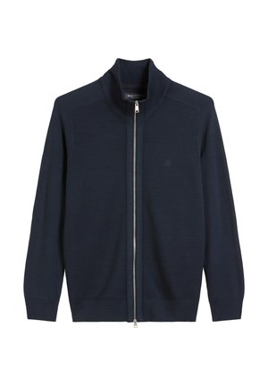 Marine blauwe rits cardigan gemaakt van gestructureerde stof met een hoge kraag en ribgebreide manchet. Heeft een subtiele logo op de borst.