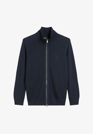 Navy zip-up cardigan made of textured fabric with a high collar and ribbed cuffs. Features a subtle logo on the chest.