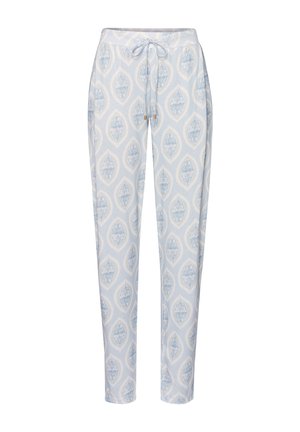 Hellblaue, zulaufende Hose mit Kordelzugbund, mit einem wiederholten, verzierten ovalen Muster in weiß-blauen Tönen.