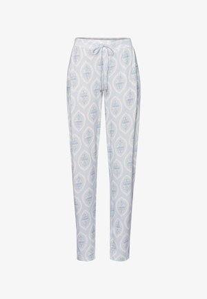 Lichtblauwe taps toelopende broek met trekkoord in de taille, met een herhaald, sierlijk ovaal patroon in witte en blauwe tinten.