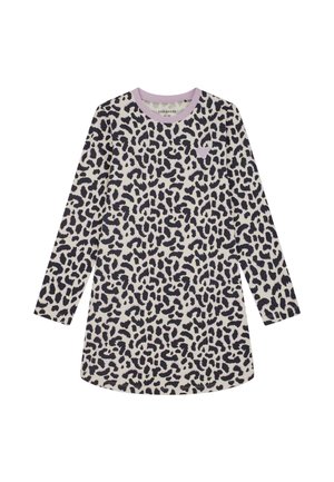 Langärmliges Kleid mit schwarz-weißem Animal-Print-Muster, hellviolettem Kragen und kleinem Herzdetail auf der Brust.