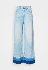 Vaaleansiniset leveälahkeiset farkut haalistuneella kuviolla, joissa on tummansiniset reunat ja rispaantuneet reunat. Valmistettu denimistä, klassisella viiden taskun tyylillä.