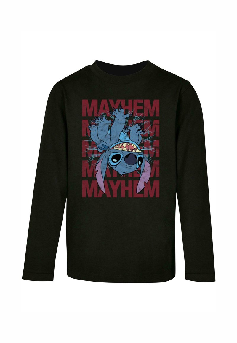 Fekete hosszú ujjú póló, rajta egy kék rajzfilmszereplő nagy fülekkel és eltúlzott arcvonásokkal, piros "MAYHEM" felirattal. 