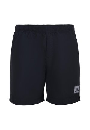 Pantaloncini casual neri con vita elastica e una piccola toppa rettangolare con logo sulla parte inferiore della gamba destra.