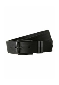 Ceinture en cuir noir au fini lisse, avec une boucle en métal rectangulaire et deux accents noirs assortis. Elle possède plusieurs trous pour un ajustement de taille.