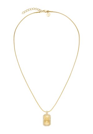 Gold chain necklace with rectangular pendant featuring a dove design and small clear stones around the edge.