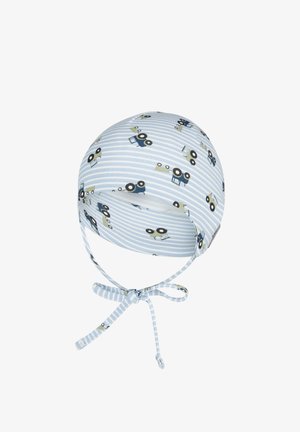 Light blue and white striped baby bonnet with tractor prints and ties that form a bow under the chin.