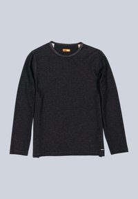 Langärmliges dunkelgraues T-Shirt aus weichem Stoff, mit rundem Ausschnitt, kontrastierenden Nähten und einem kleinen Etikett am unteren Saum.