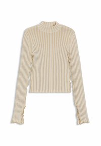 Beige rib gebreide trui met een hoge kraag, lange mouwen en gerimpelde manchetten. Heeft verticale strepen en een getailleerde pasvorm.