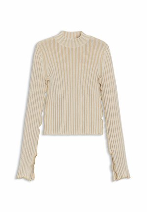 Maglione a costine beige con colletto alto, maniche lunghe e polsini svasati. Presenta righe verticali e una silhouette aderente.