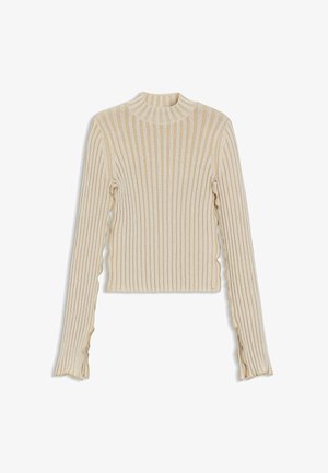 Beige ribbed knit sweater with a high collar, long sleeves, and frilled cuffs. Features vertical stripes and a fitted silhouette.