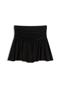 Gonna nera a campana con una vita arricciata e raccolta. Realizzata in tessuto testurizzato, presenta una finitura liscia e un design leggero.