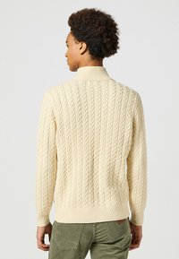 Sweter w kolorze kremowym, dziany, z wzorem w warkocze, wysoki kołnierz oraz ściągacze przy rękawach i u dołu. Nosi się go z oliwkowymi spodniami.