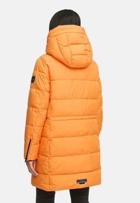 Orange puffer coat with a hood, quilted design, side zippers, and a logo patch on the sleeve. Comes to mid-thigh length. Smooth texture.