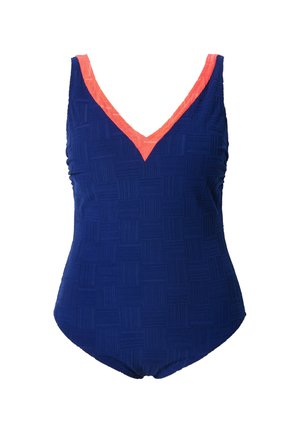 Marineblauer Einteiler-Badeanzug mit strukturiertem quadratischem Muster und korallenfarbigen V-Ausschnitten. Verfügt über geraffte Seiten für einen gerafften Effekt.