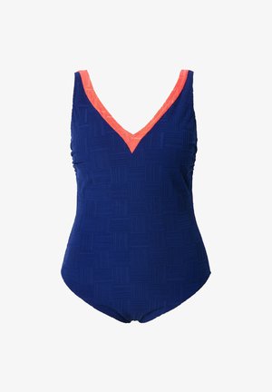 Marineblauer Einteiler-Badeanzug mit strukturiertem quadratischem Muster und korallenfarbigen V-Ausschnitten. Verfügt über geraffte Seiten für einen gerafften Effekt.