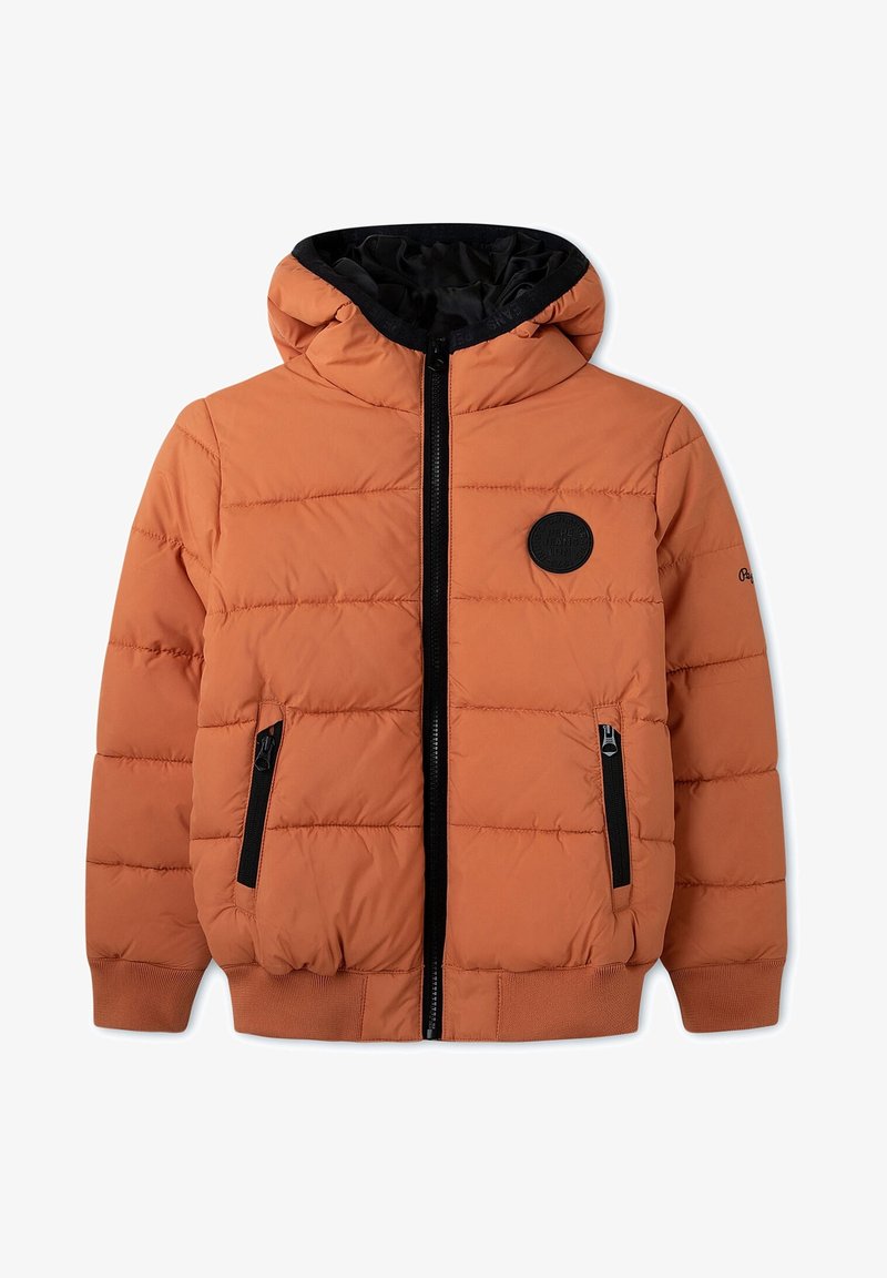 Orange puffer jacket with a black zip front, hood, and two zippered side pockets. Features quilted texture and a circular logo patch.