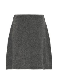 Gonna di lana grigia scura, caratterizzata da una texture liscia, design svasato e una vita elasticizzata a costine per una vestibilità comoda.