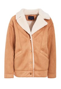 Giacca in suede sintetico color cammello con colletto in shearling crema, dotata di chiusura a bottoni, due tasche frontali e cuciture strutturate.