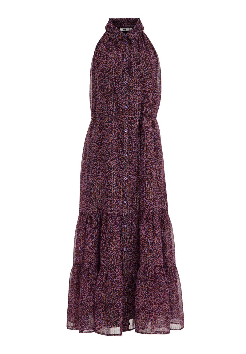 Lila ärmelloses Maxikleid mit Leopardenmuster, durchgehender Knopfleiste, Kragen und mehrlagigen Rüschensaum. Leichter Stoff.