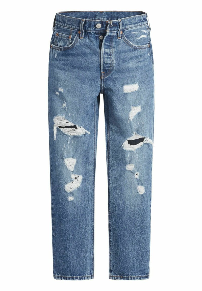 Jeans in denim blu con una vestibilità alta in vita, caratterizzati da dettagli strappati e orli sfrangiati. Design classico a cinque tasche con chiusura a bottone.