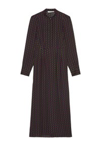 Robe noire à manches longues avec col, comportant un motif géométrique de diamants roses et verts. Tissu fluide et détail de taille cintrée.