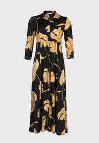 Czarna maxi sukienka z długim rękawem, zapinana na guziki z przodu, z dużym beżowym kwiatowym wzorem, posiadająca kołnierzyk oraz dopasowaną talię.