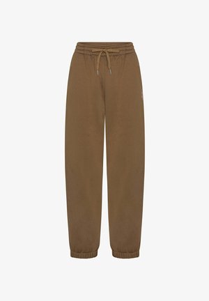 Barna pamut tréningnadrág, mely elasztikus derékpánttal és húzózsinórral rendelkezik, szűkített mandzsettákkal és finom színű logódísszel.