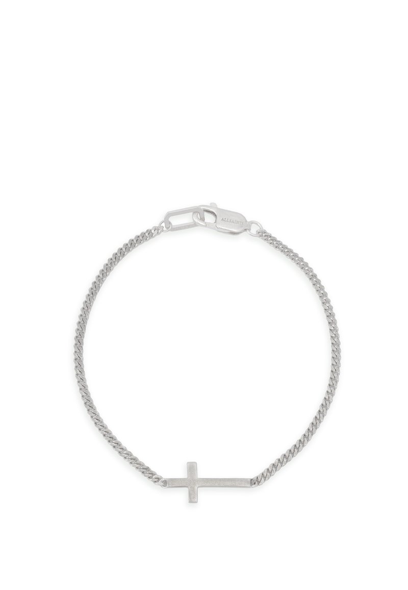 Bracelet en argent avec un pendentif en croix horizontal, doté d'une surface texturée et d'un fermoir sécurisé à l'extrémité.
