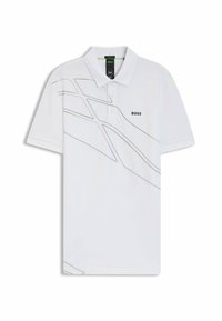 Weißes Poloshirt aus glattem Stoff, mit einem dezenten grauen geometrischen Muster und dem Logo "BOSS" auf der linken Brust.