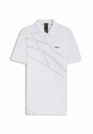 Polo bianco realizzato in tessuto liscio, con un sottile motivo geometrico grigio e il logo "BOSS" nella parte sinistra del petto.