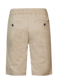 Pantaloni corti beige con vita elasticizzata, due tasche posteriori con chiusura a bottone e un tessuto liscio e leggero.