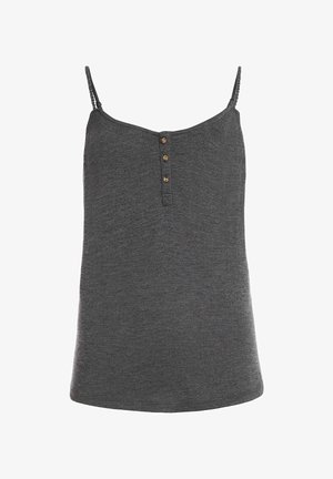 Grijze mouwloze tanktop van zacht materiaal. Heeft een ronde halslijn, drie knopen aan de voorkant en verstelbare spaghetti bandjes.