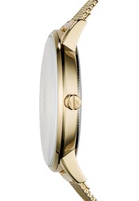 Gold metal watch featuring a smooth, flat glass face, thin case, segmented band, and a round crown on the side for adjustment.