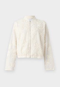 Brodert hvit bomberjakke med glidelås foran, elastisk nederkant og lange ermer. Blomsterdesign dekker det lette stoffet.