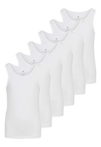 Seks ensfarvede hvide tank tops præsenteret i en række, med en rund halsudskæring og en blød, glat stofstruktur.