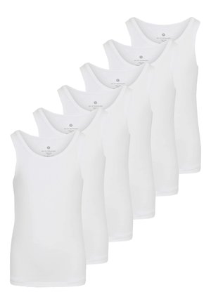 Seks ensfarvede hvide tank tops præsenteret i en række, med en rund halsudskæring og en blød, glat stofstruktur.