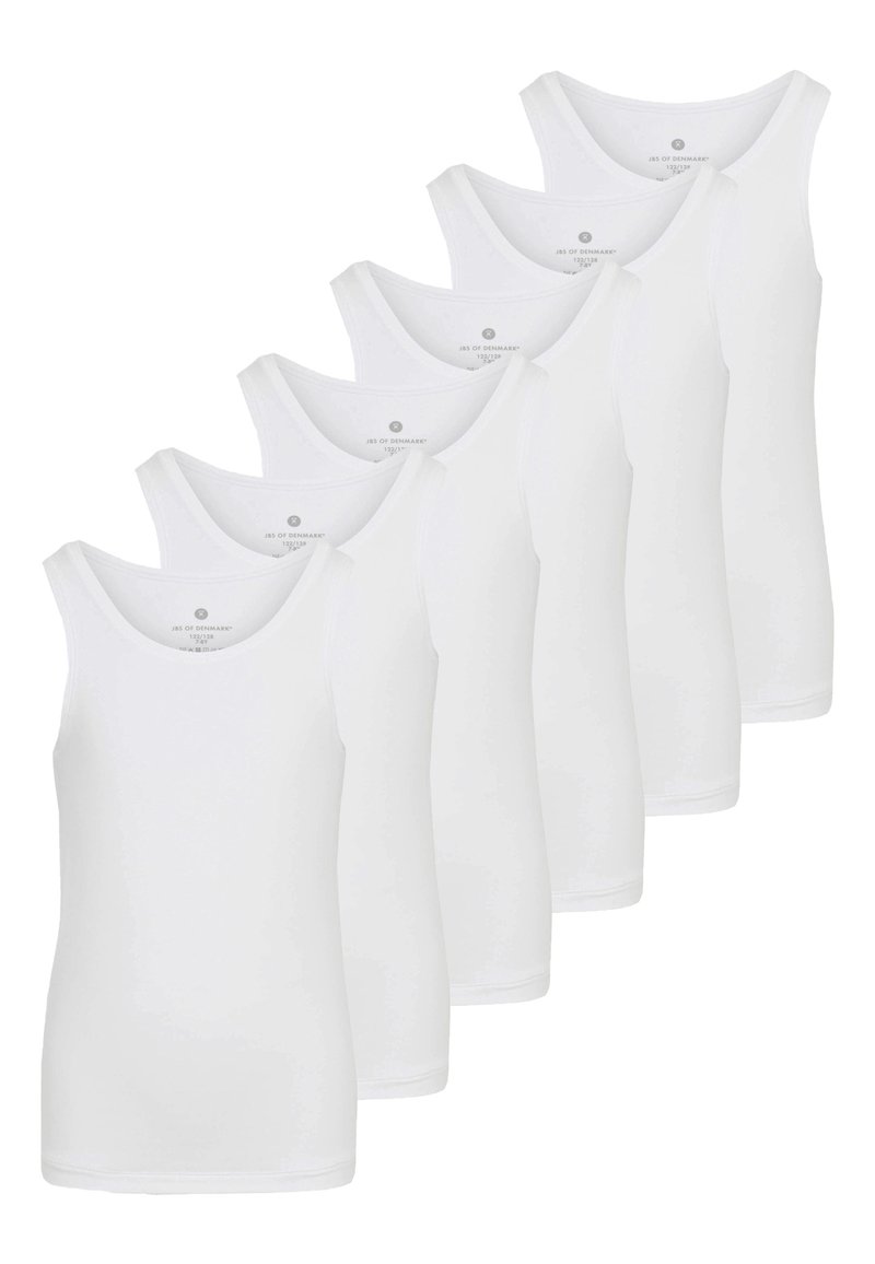 Seks ensfarvede hvide tank tops præsenteret i en række, med en rund halsudskæring og en blød, glat stofstruktur.