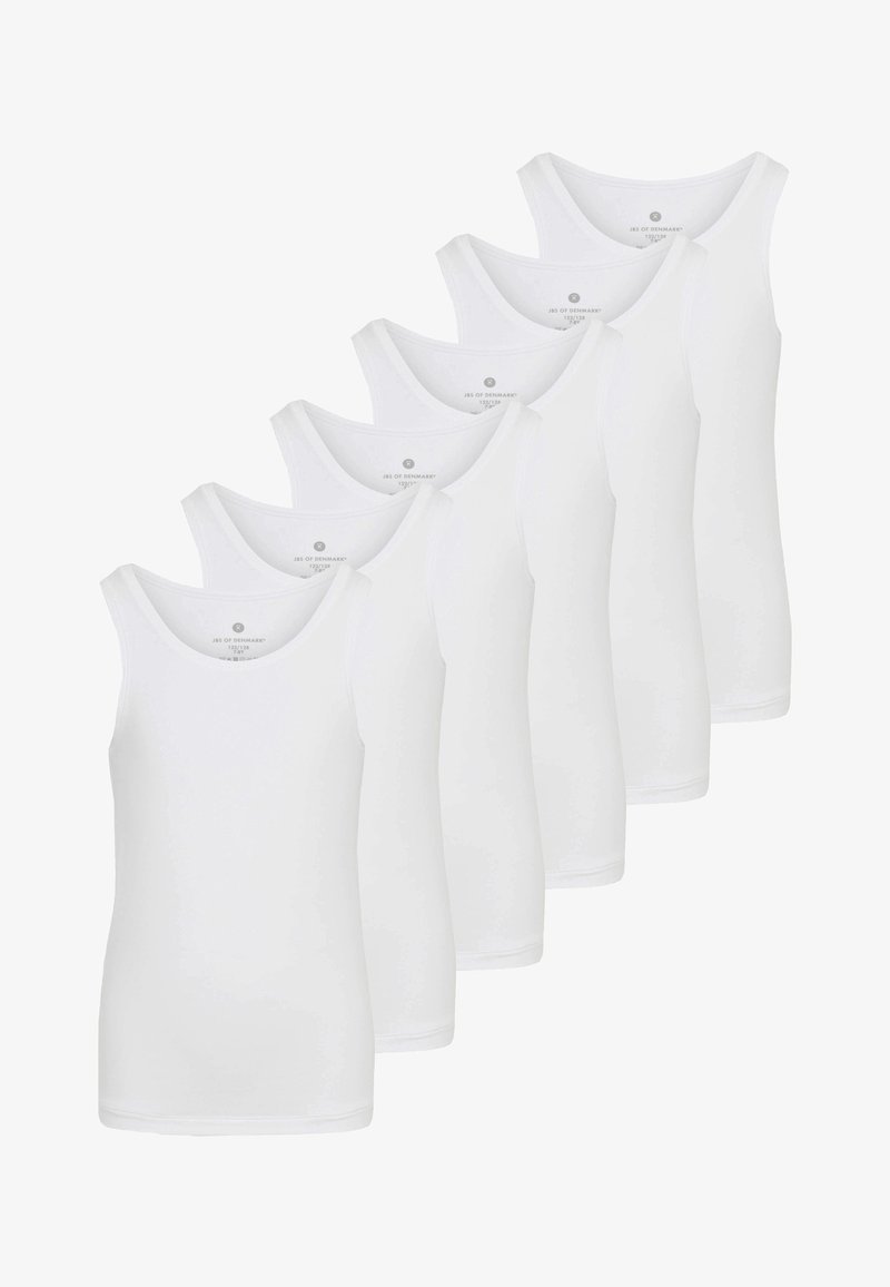 Seks ensfarvede hvide tank tops præsenteret i en række, med en rund halsudskæring og en blød, glat stofstruktur.