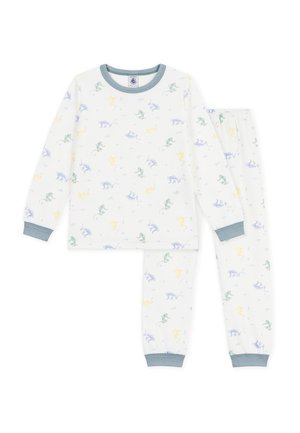 Witte slaapkleding met lange mouwen voor peuters, met blauwe manchetten en kraag, met een patroon van kleine blauwe, groene en gele dinosaurus-silhouetten.